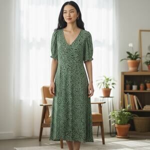 H&M Floral Midi Dress Large Green Flower Short Puff Sleeve Slit Feminine